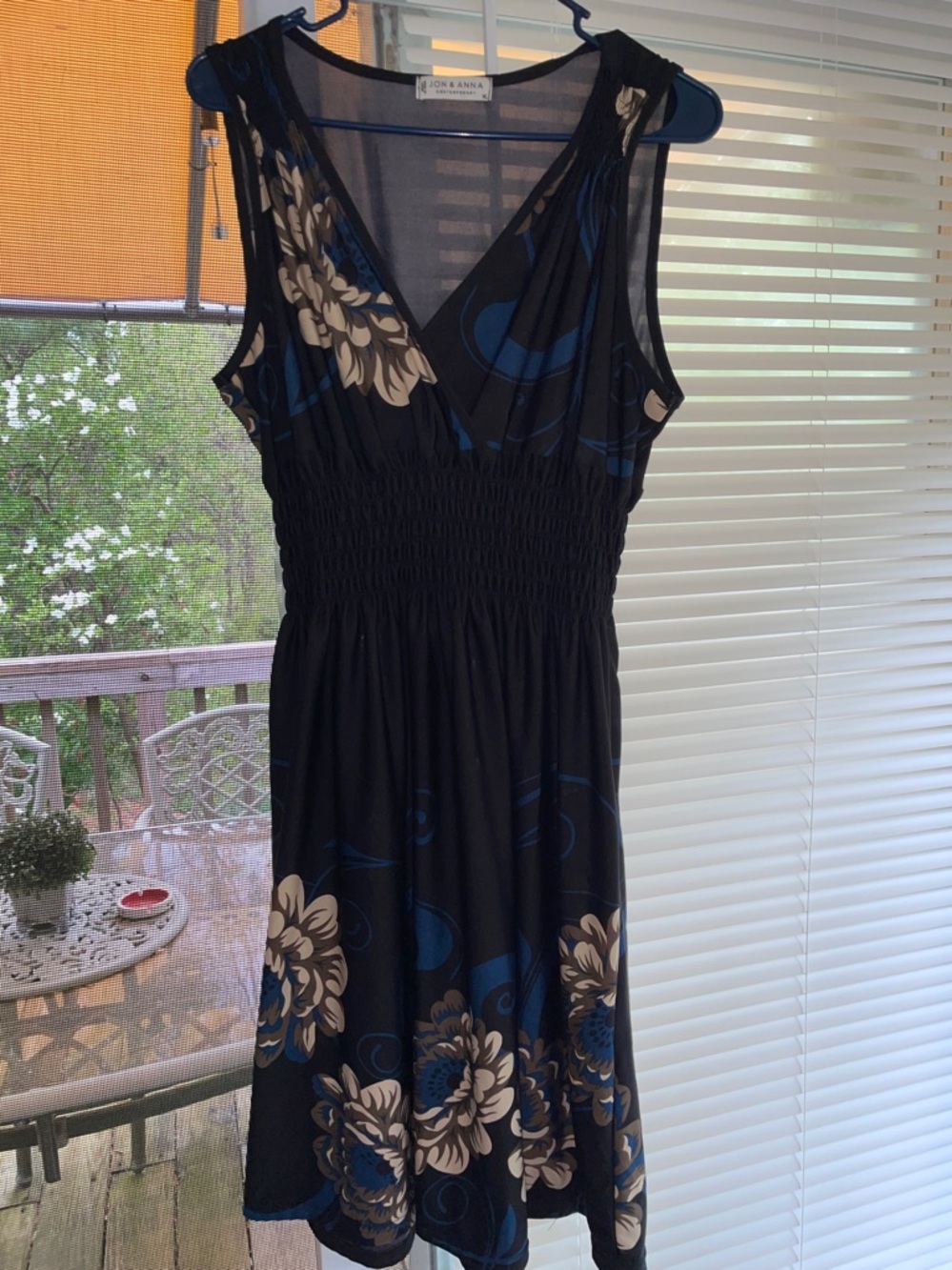 Light weight-V neck-flattering  Black Midi Dress /Beige Floral and Navy Accents